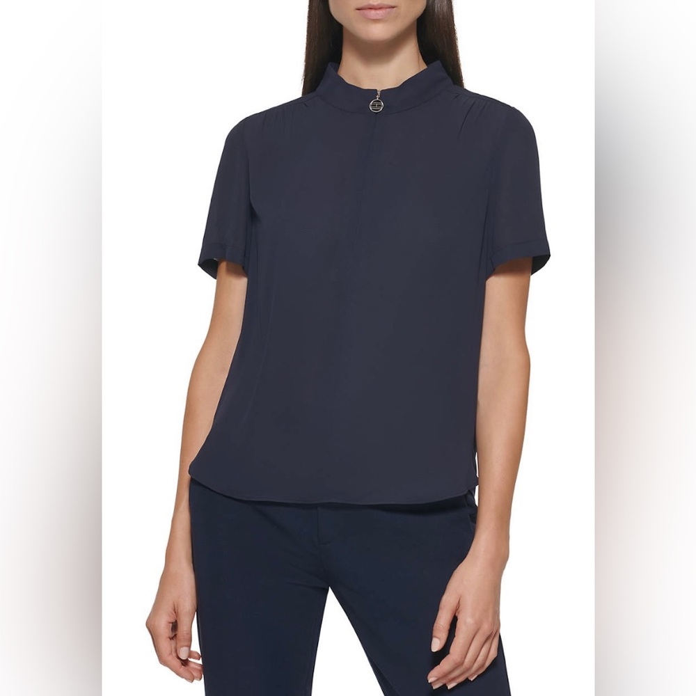 Tommy Hilfiger Women’s Short Sleeve Logo Zip Woven Top